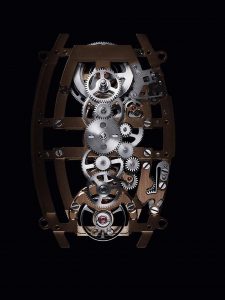 The movement, caliber 9919 MC, of the Cartier Privé Skeleton Dual Time Zone.