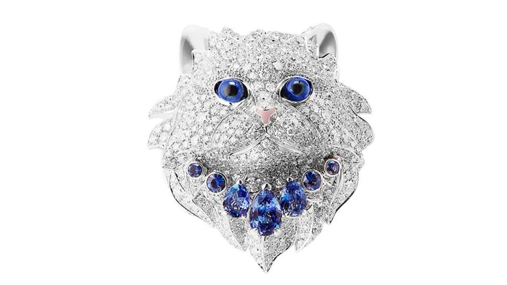 Cat pendant with white and blue diamonds