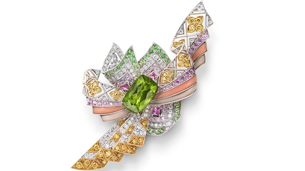 Flower brooch with pink, yellow, green and white diamonds