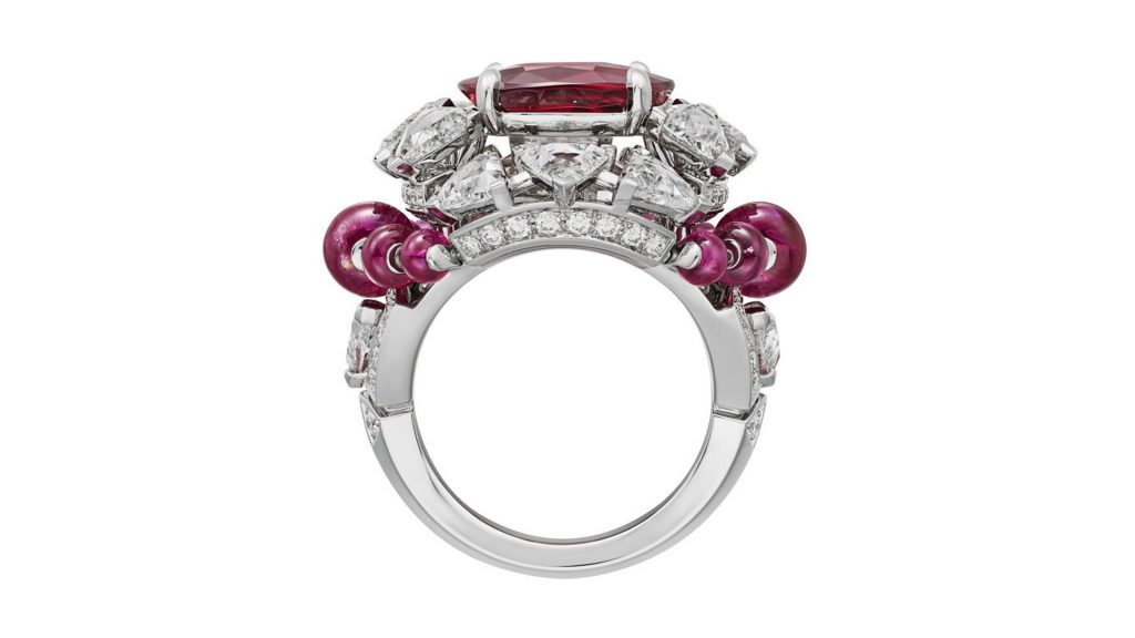 The tiered construction of the Phaan ring allows a 4.01-carat diamond to be sat under the central ruby. 